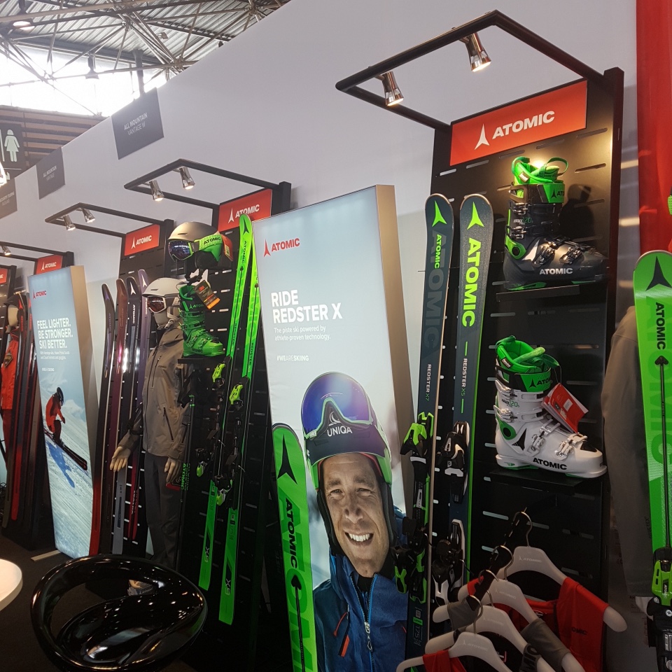 Atomic skis helmets and shoes displays 8
