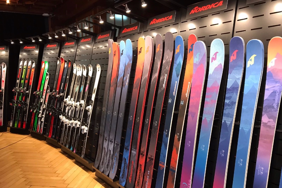 Nordica skis and shoes displays