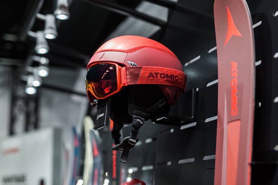 Atomic skis helmets and shoes displays 3