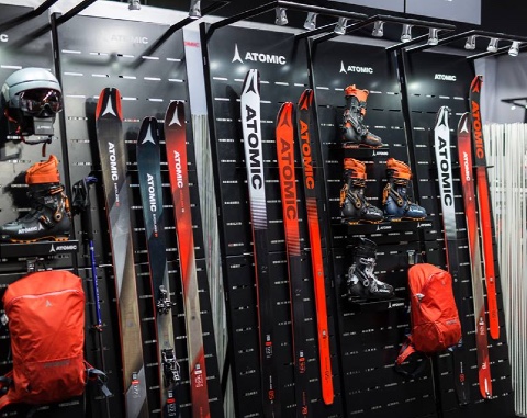 Atomic skis helmets and shoes displays