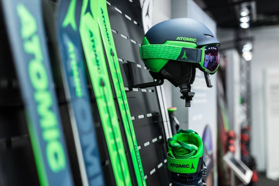Atomic skis helmets and shoes displays